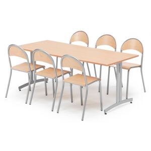 AJ Produkty Jídelní sestava: stůl 1800x800 mm, buk + 6 židlí, buk/hliníkově šedá