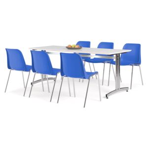 AJ Produkty Jídelní sestava: stůl 1800x700 mm, bílá + 6 židlí, modrá/chrom