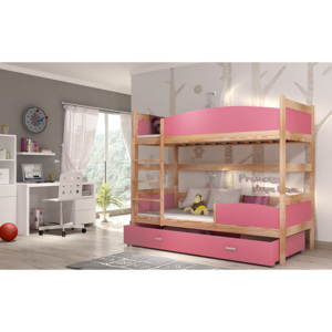 Dětská patrová postel SWING + matrace + rošt ZDARMA, 180x80, borovice/růžový
