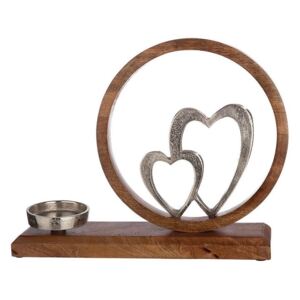 GILDE Kovový stříbrný svícen na dřevěným klínku se srdcem 1ks, 8x26x36 cm Svícen: Se dvěma srdci