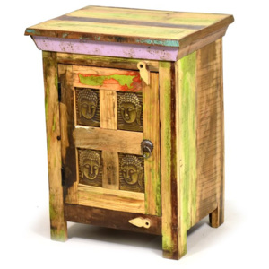 Noční stolek z antik teakového dřeva zdobený reliefy Buddhů, 46x35x61cm