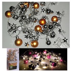 Řetěz na baterie s oranžovými vánočními ozdobami a s perlami 20 LED