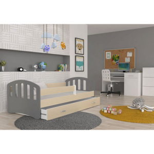 Dětská postel ŠTÍSTKO barevná + matrace + rošt ZDARMA, 180x80, šedá/dub Sonoma