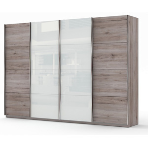 Čtyřdveřová posuvná šatní skříň AUSTRIA, 315x225x60, dub Bergamo/bílé sklo