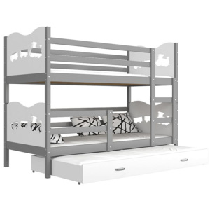 Dětská patrová postel FOX 3 color + matrace + rošt ZDARMA, 184x80, šedá/vláček/bílá