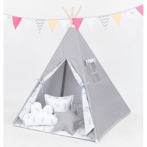 Stan pro děti teepee, týpí s výbavou - mini hvězdičky bílé na šedém/víly šedé