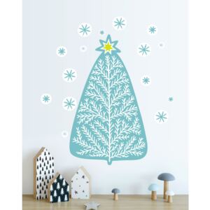 Samolepka na zeď vánoční stromek Nature přemístitelný Barva: stromek tyrkysová-bílá, Rozměr: malý vánoční stromek přírodní 46 x 27 cm + vločky