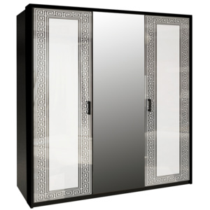Třídveřová šatní skříň NICOLA se zrcadlem, 138x212,5x55, bílá lesk/černá