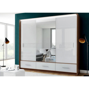 Šatní skříň se zrcadlem 255 cm s posuvnými dveřmi s bílými skly s korpusem v barvě ořech KN597