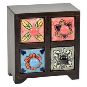 Dřevěná skříňka se 4 keramickými šuplíky, ručně malované, 15x11x17cm (0B)