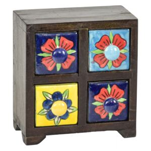 Dřevěná skříňka se 4 keramickými šuplíky, ručně malované, 15x11x17cm (0E)