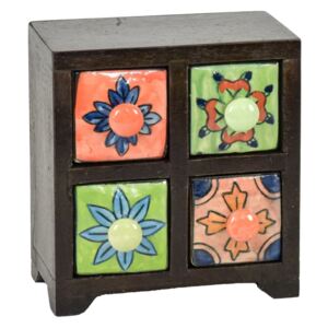 Dřevěná skříňka se 4 keramickými šuplíky, ručně malované, 15x11x17cm (0C)