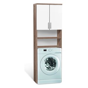 Vysoká koupelnová skříňka nad pračku K20 barva skříňky: dub sonoma tmavá, barva dvířek: bílý lesk