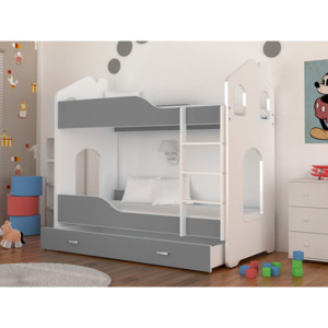 Dětská patrová postel PATRIK Domek + matrace + rošt ZDARMA, 160x80, bílá/šedá