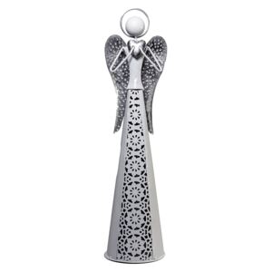Kovový bílý anděl TEO se stříbrnými křídly na svíci - 51 cm