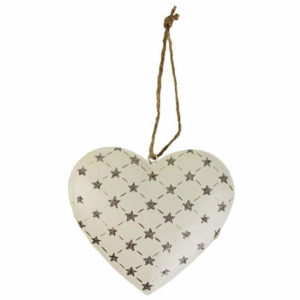 Ozdoba srdce kovové dekor hvězdy 10,5cm krémová