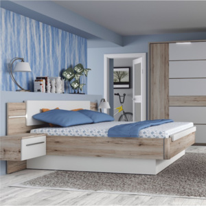 Manželská postel a 2 noční stolky v kombinaci dub bergamo a bílý lesk TK2189