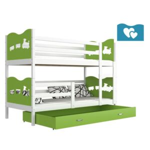 Expedo Dětská patrová postel FOX 2 COLOR + matrace + rošt ZDARMA, 190x80, bílý/zelený - srdíčka