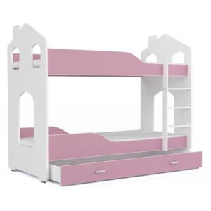 Expedo Dětská patrová postel PATRIK 2 Domek + matrace + rošt ZDARMA, 160x80, bílá/růžová