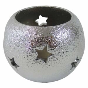 Keramický svícen Stardeco stříbrnýstrukturovaný lak, výška 6cm, průměr 8 cm