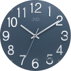 Skleněné kulaté čitelné nástěnné hodiny JVD HT98.1 (modré čitelné hodiny s vypouklým designovým sklem)