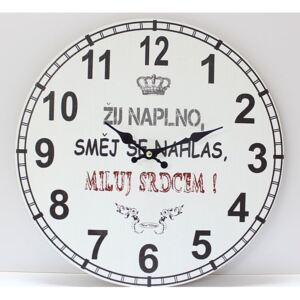 Designové velké retro hodiny ŽIJ NAPLNO, SMĚJ SE NAHLAS, MILUJ SRDCEM prům. 52cm (přehledné čitelné retro hodiny 25708)
