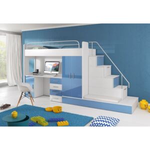 Dětská patrová postel RAJ 5, 80x200, univerzální orientace, bílá/modrá lesk