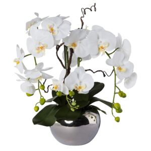 Umělá Orchidej bílá ve stříbrném květináči, 55cm