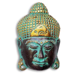 Dřevěné masky na zeď - Buddha akvamarínovo zlatý