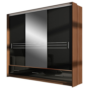 Šatní skříň se zrcadlem 255 cm s posuvnými dveřmi s černými skly s korpusem v barvě ořech KN597