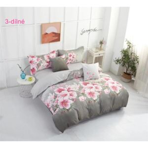 Sendia 3-dílné krepové povlečení růžové květy šedá 140x200 na jednu postel