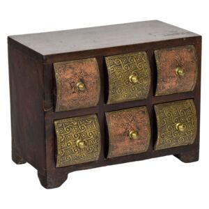Sanu Babu Dřevěná skříňka se 6 šuplíky, tepaná mědí a mosazí, 22x15x17cm