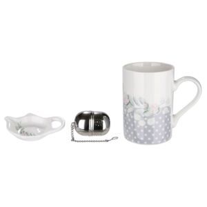 GILDE Porcelánová 3-dílná čajová souprava Botanic Chic (hrnek+odkladač+sítko), 10cm