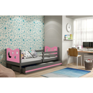 Dětská postel KAMIL + matrace + rošt ZDARMA, 80x190, grafit, růžová