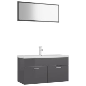 Set koupelnového nábytku III - s umyvadlem - větší zrcadlo - dřevotříska | šedý s vysokým leskem