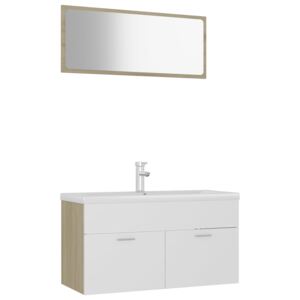 Set koupelnového nábytku III - s umyvadlem - větší zrcadlo - dřevotříska | bílý a dub sonoma