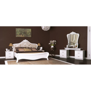 Ložnice MARSEILLE - postel 160x200+rošt+matrace DE LUX+měkký záhlavník+2x noč. stolek+toaletní stolek 4 š+zrcadlo, bílá lesk