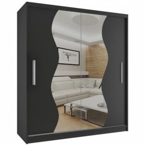 Luxusní šatní skříň s posuvnými dveřmi s vlnitým zrcadlem šířka 158 cm černý korpus 26 Černá - Černá