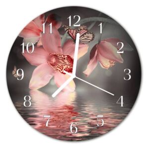 E-shop24, průměr 30 cm, Hnn55749422 Nástěnné hodiny obrazové na skle - Orchidej růžová