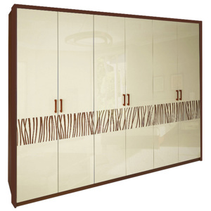 Šestidveřová šatní skříň BORRA bez zrcadla, 272,6x212,5x55, vanilka lesk/třešeň