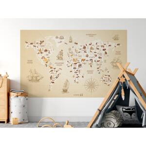FUGU Dětská Mapa světa Dobrodružné objevy- plakát béžová Rozměr: MALÁ: (š x v) 134 x 85 cm - Mapa světa objevy