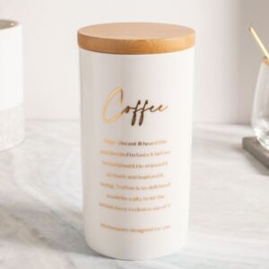 Alt Design Bílá dóza na kávu s nápisy a bambusovým víkem