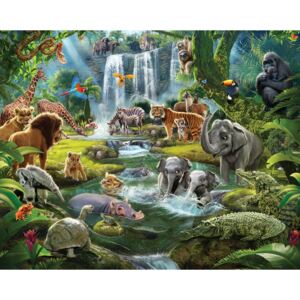 46481 3D Fototapeta Walltastic Jungle Adventure - sloni - žirafy - krokodýli - lenochodi - vodopády a gorily, velikost 244x305cm