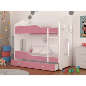 Dětská patrová postel PATRIK Domek + matrace + rošt ZDARMA, 180x80, bílá/růžová