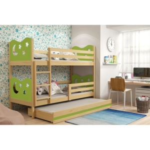 Patrová postel KAMIL 3 + matrace + rošt ZDARMA, 80x160, borovice, zelená