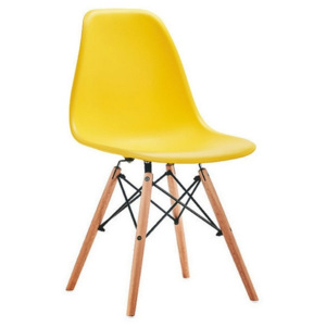Jídelní plastová židle ve žluté barvě s dřevěnou konstrukcí KN002