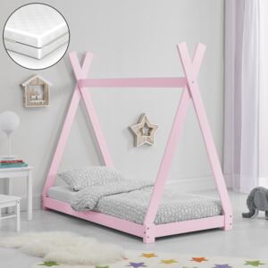 [en.casa] Dětská postel "Teepee" AAKB-8702 růžová 70x140 cm s matrací a roštem