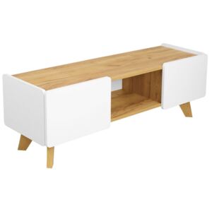 Bílý TV stolek Skandica Lett s dubovou podnoží 135 x 40 cm
