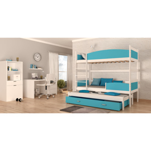 Dětská patrová postel SWING3 + rošt + matrace ZDARMA, 190x80, bílý/modrý