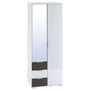 Šatní skříň 80 cm v bílém lesku se zrcadlem a zásuvkami v dekoru wenge KN1179